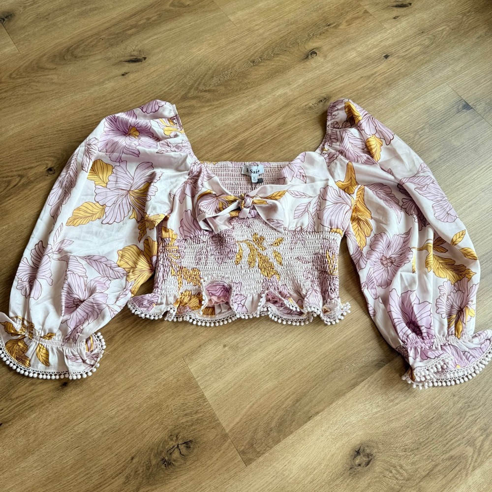 NWT En Saison Floral Smocked Puff Sleeve Crop Top Pink Yellow Size M